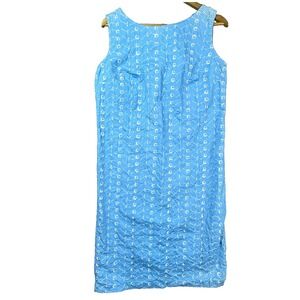 Vintage Carol Brent Sheath Dress Womens 17-18 Blue White Floral Cotton Boat Neck
